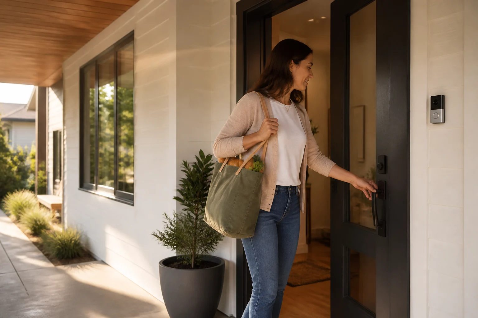 A homeowner arriving at her front door with a grocery tote
